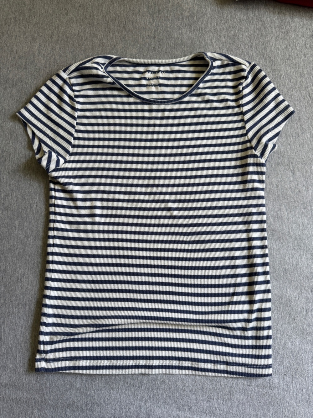 American Eagle Outfitters Navy and White Striped Ribbed Short Sleeve Tee
